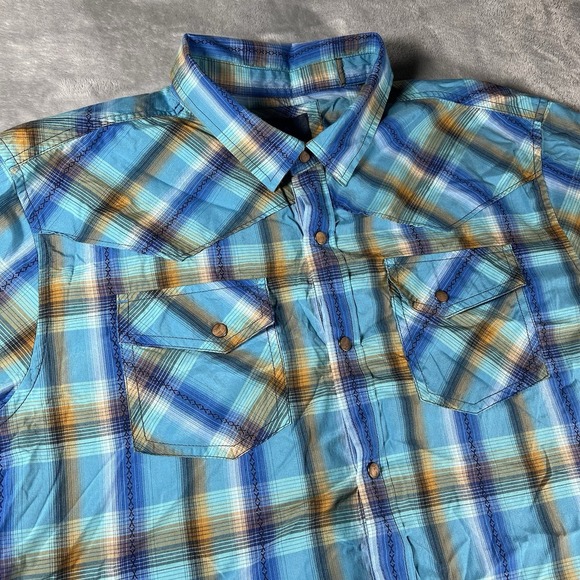 prAna HOLSTAD Shirt‎ Mens XL Aquavite Plaid Snaps Western Pockets Summer Logo - Picture 1 of 10